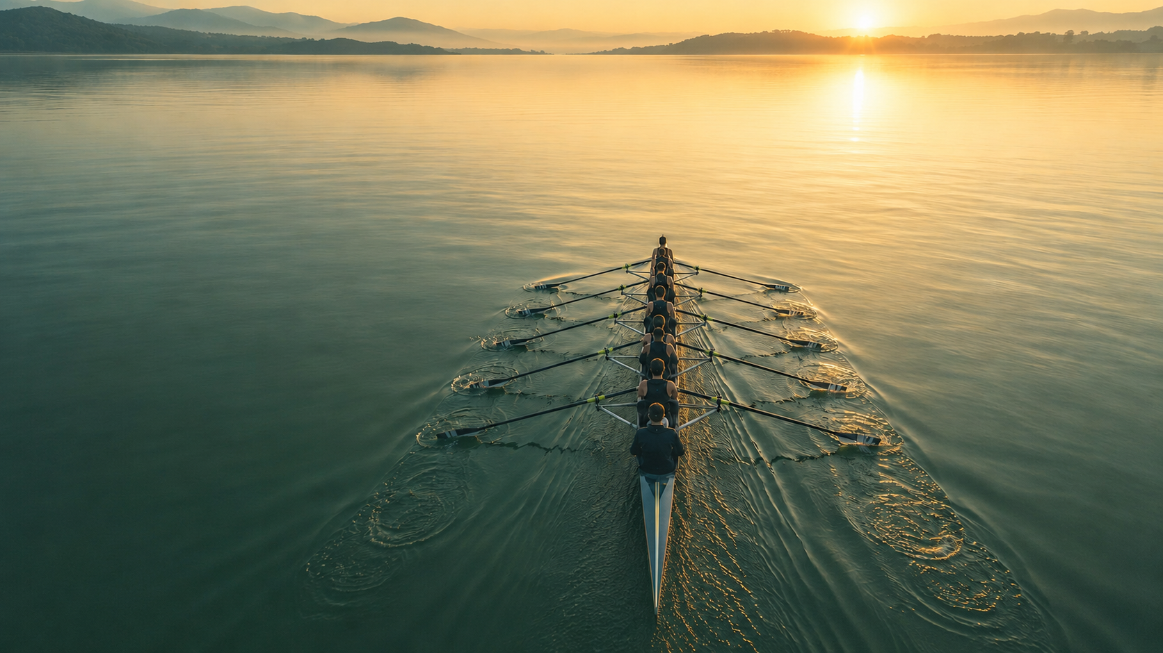 A rowing crew moving together at sunrise